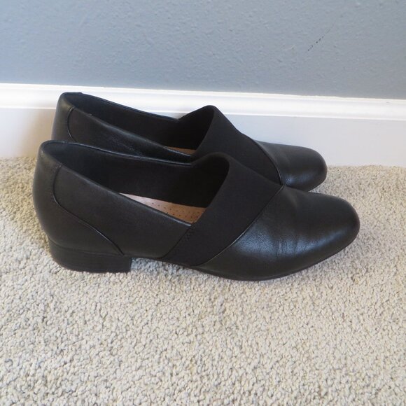 Clarks Womens Juliet Gem Shoes Size 7.5 Black Leather Slip-On Flats - Picture 2 of 11